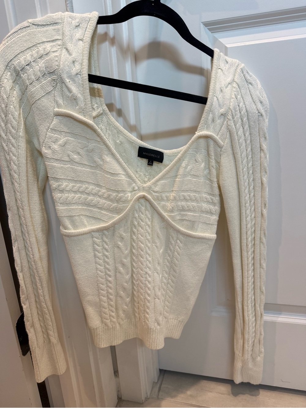 MAJORELLE Cream Cable Knit V-Neck Sweater